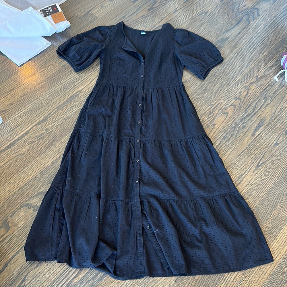 Old Navy Fit & Flare Cotton sheer maxi button up dress w/ pockets black size xs